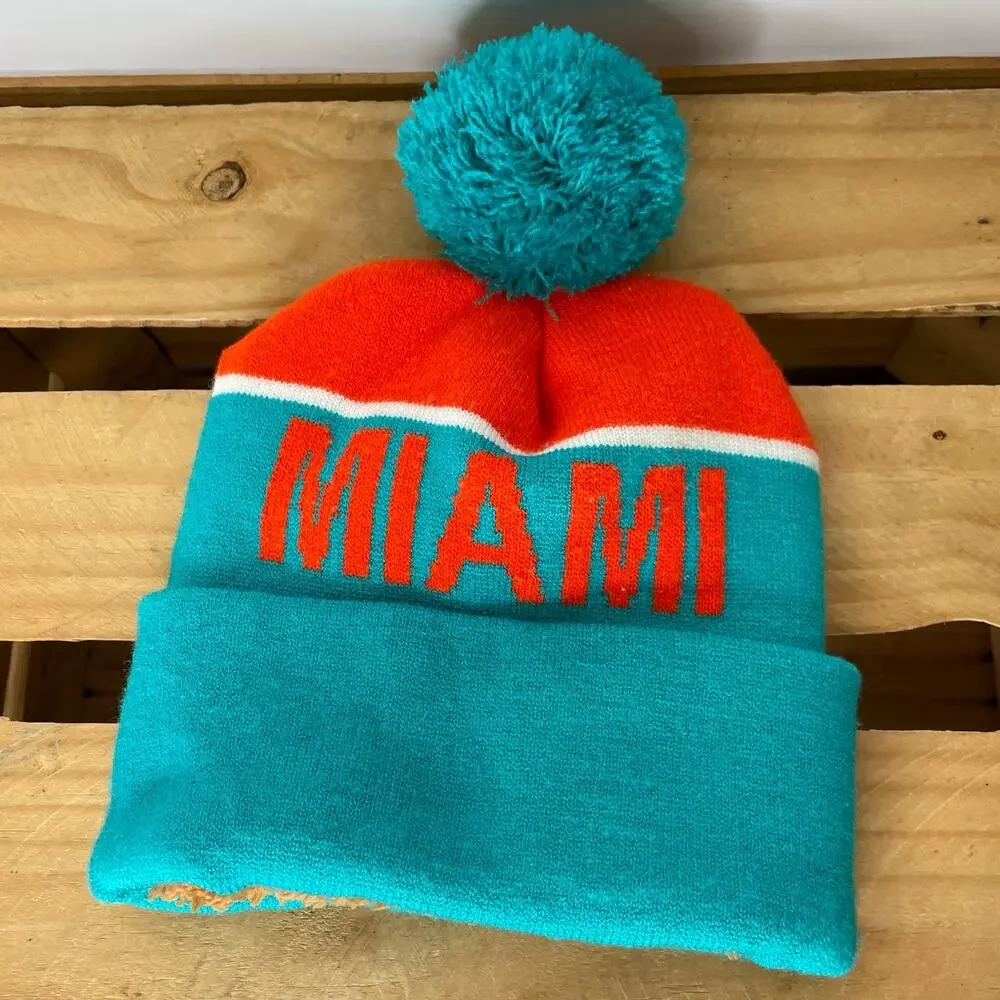 Miami Dolphins Pom Pom Beanie Sherpa Lined  Kids Size